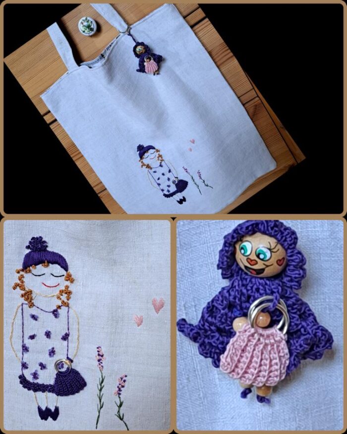 Leinentasche Mädels in lila, von mir per Hand bestickt auf altem Bauernleinen