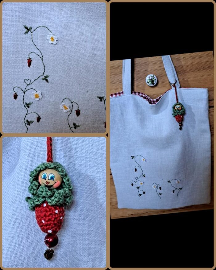 Leinentasche Erdbeerzeit. Von mir per Hand besticktes altes Bauernleinen.