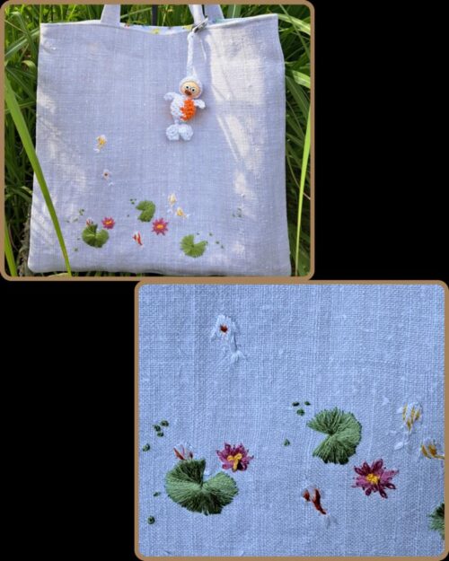 Leinentasche Fische im Teich. Handbestickt mit Taschenbaumler