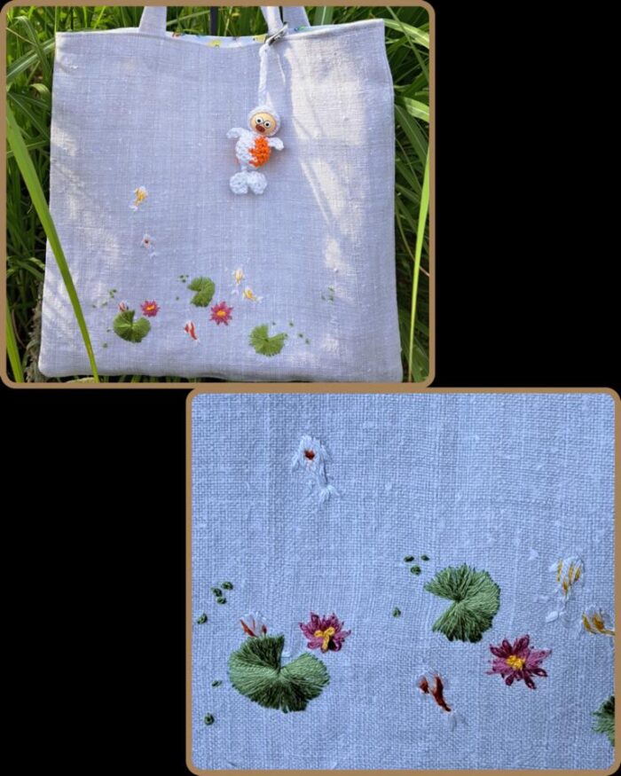 Leinentasche Fische im Teich. Handbestickt mit Taschenbaumler